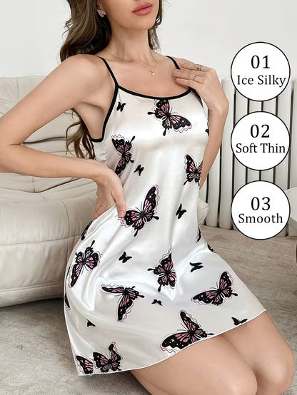 Satin nightgown with butterfly print – Sexyaa, elegant, with adjustable straps and open-back design