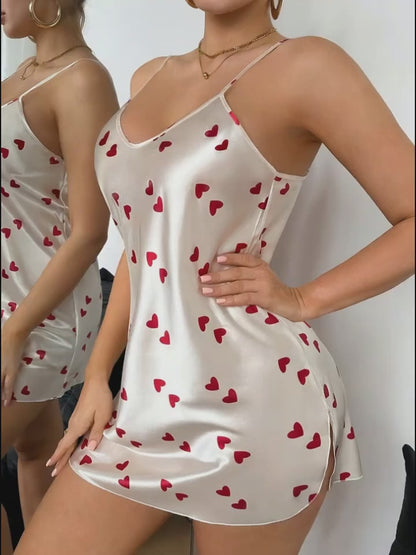 Romantic Satin Heart Night Dress – Luxury V-Neck Sleepwear with Silky Smooth Feel
